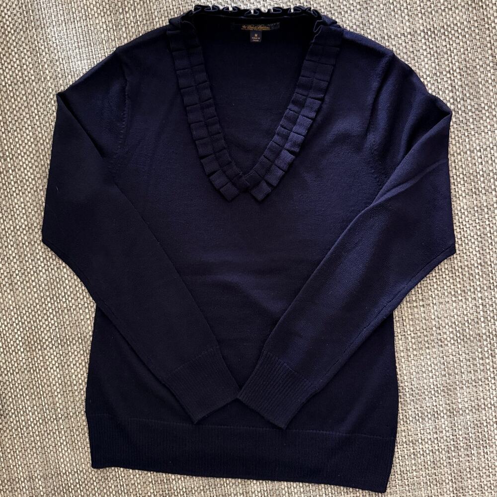 BROOKS BROS Italian Merino Wool Ruffle V-Neck Long-Sleeve Sweater M Navy Preppy